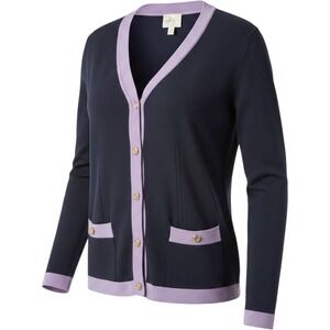 Milly of New York Navy Blue Lavender Trim Gold Button Cardigan Sweater Large